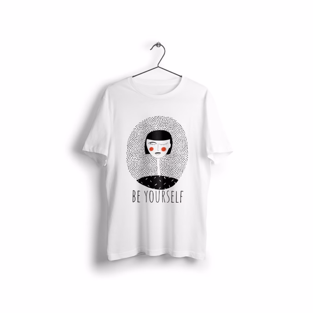 Bela majica BW Be yourself z ilustracijo obraza in napisom Be yourself.