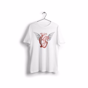 Bela majica Ironija Svobodno srce z ilustracijo anatomskega srca z razprtimi krili.